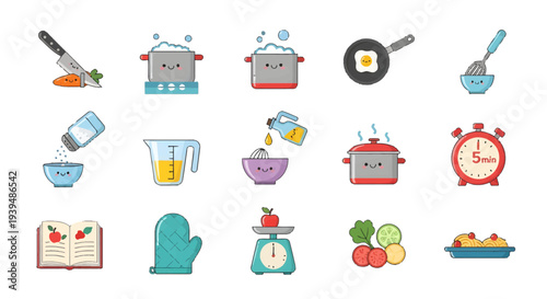 Kawaii Cooking Process and Kitchen Utensils Icon Set, Cute Flat Design Vector Illustration of Culinary Activities, Food Preparation, and Cooking Tools