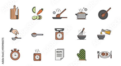 Cooking Process and Kitchen Workflow Icon Set, Culinary Preparation Vector Elements