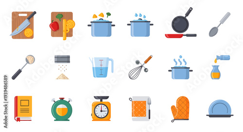 Cooking and Kitchen Utensils Icon Set - Flat Vector Illustration of Food Preparation, Chef Tools, and Culinary Equipment