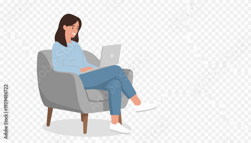 Woman Working Remotely on Laptop in Armchair, Remote Work, Freelance Lifestyle, and Home Office Productivity