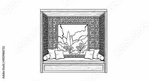 Outdoor relaxation alcove with patterned screens, cushions, and floral artwork