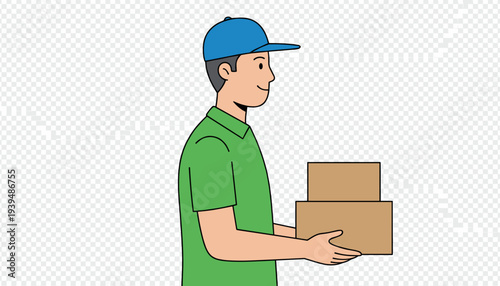 Smiling Delivery Man Holding Stacked Package Boxes for Efficient Courier Service and E-commerce Logistics