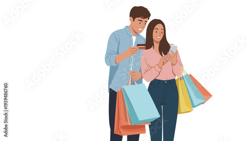 Couple Shopping with Smartphone and Credit Card, Modern Payment, E-commerce, and Secure Transaction Illustration