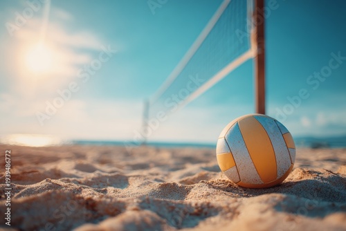 Beach volleyball ball on sand with net and ocean, sunny summer scene