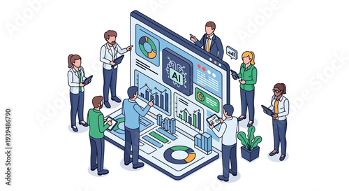 Team analyzing AI data on giant digital screen