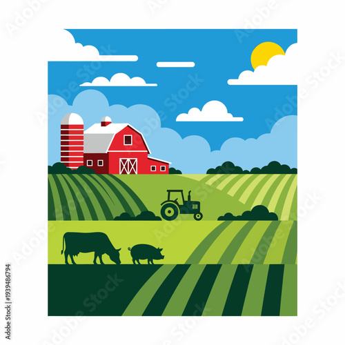 Farm Scene with Barn Tractor Cows.