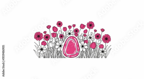 Pink egg nestled among a field of sketched flowers and grass