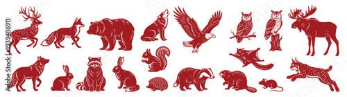 Large collection of dark red forest animals and wildlife silhouettes including deer bear fox wolf eagle and moose for nature design isolated on white background vector illustration set