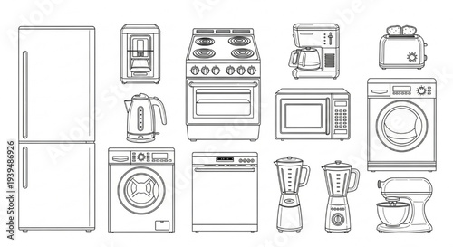 Top View Line Art Home Appliances Set – Monochrome Kitchen Appliance Outline Illustration for Design Layouts