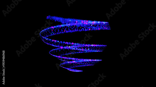 Vector illustration of dynamic, glowing spiral in vibrant neon colors (blue, purple, pink) on black backdrop. Retrofuturistic aesthetic of synthwave, outrun, and 80s retro gaming. Light spiral element