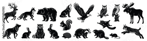 Large collection of black forest animals and wildlife silhouettes including deer bear fox wolf eagle owl and moose for nature design isolated on white background vector illustration set