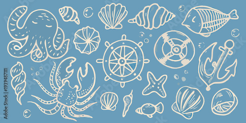 Stylized illustration of various marine life and nautical elements