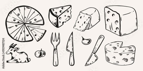 Hand drawn illustration of various cheeses a cow and dining utensils