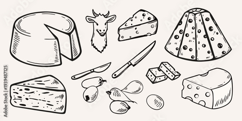Sketch of various cheeses a goat head fruit and cheese knives