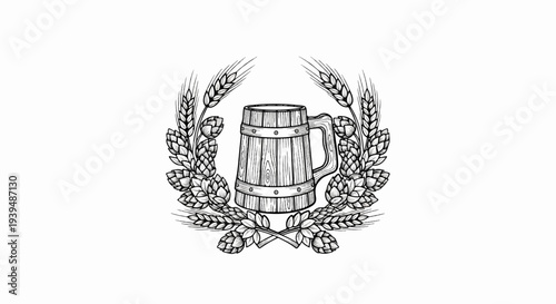 Rustic wooden beer mug embraced by wheat and hop boughs