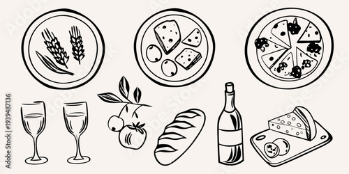 Artistic line drawing of various foods bread cheese fruit and wine