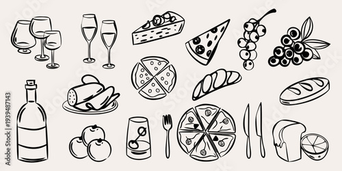 A collection of hand drawn food and drink items in black and white