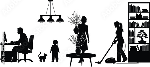 Daily Life Family Household Silhouette Set, Man Working at Computer, Woman Cleaning, Child Playing, Furniture and Home Interior Vector Illustration