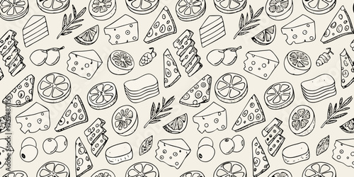 A seamless pattern of hand drawn food items on a light background