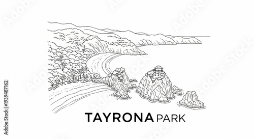 Scenic coastal sketch shows lush foliage, dramatic rock formations, and a tranquil bay