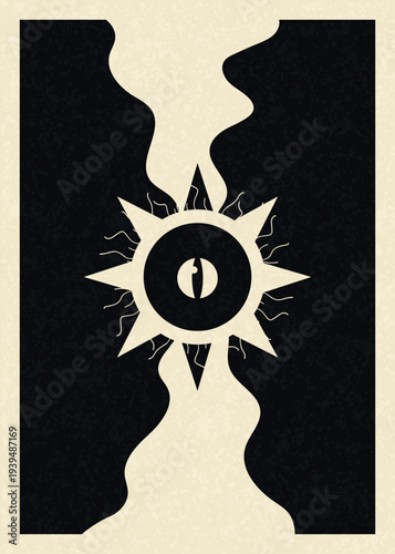 Mystical Black Poster with All-Seeing Eye in Sun Star. Occult dark poster