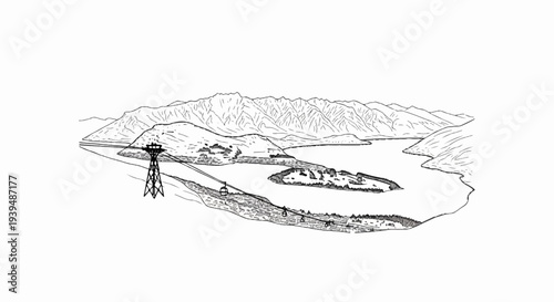 Scenic mountain lake with a gondola lift ascending a hillside