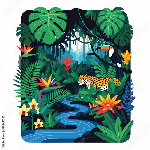 Jaguar in Jungle with Vibrant Tropical Foliage.