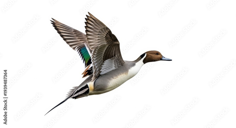 Obraz premium Northern Pintail Duck in Flight Against White Background.
