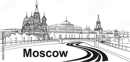 Sketch of famous Moscow landmarks with a winding river and text