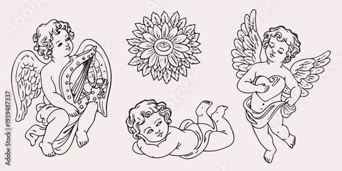 Vintage cherub and sunflower illustrations in a classic tattoo style