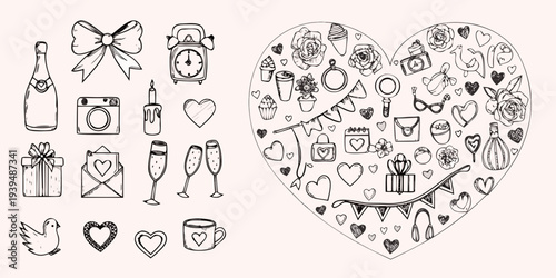 Hand drawn collection of romantic symbols gifts and love themed illustrations