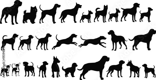 Dog Breeds Silhouette Set, Large and Small Pedigree Dogs Standing and Running, Canine Pet Animals Vector Illustration Isolated on White Background,