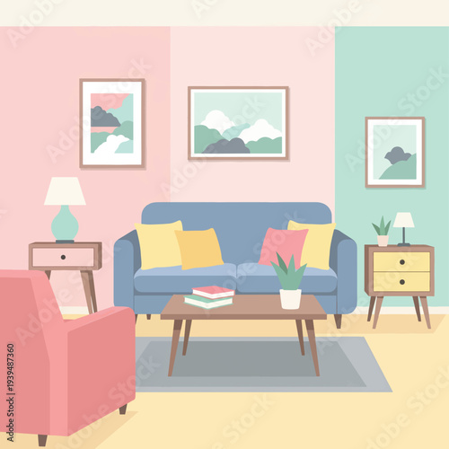 Blue Sofa with Yellow and Pink Pillows.