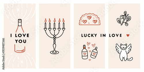 Four illustrated panels depicting love hanukkah luck and affection