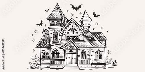An intricate line drawing depicts a spooky haunted house with bats and stars