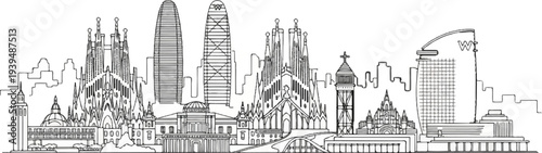 Stylized black and white line art of a famous city skyline, featuring architectural wonders