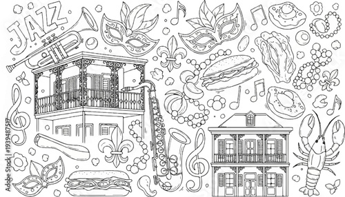 Festive collage of architectural elements, music, food, and celebratory masks