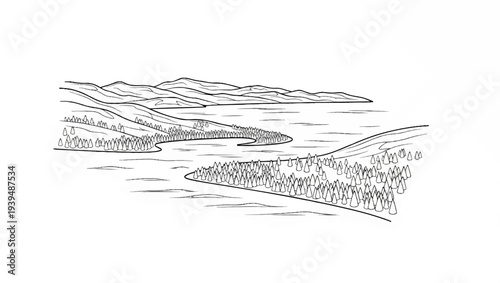Stylized black and white line drawing of a winding river bordered by trees, leading to a large body of water and distant hills