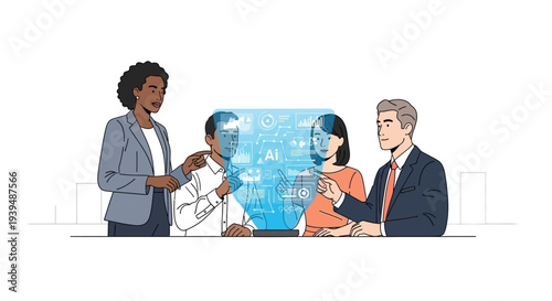 Business team discussing AI technology in modern office