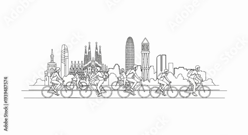 Stylized cityscape with cyclists in foreground, iconic buildings in background