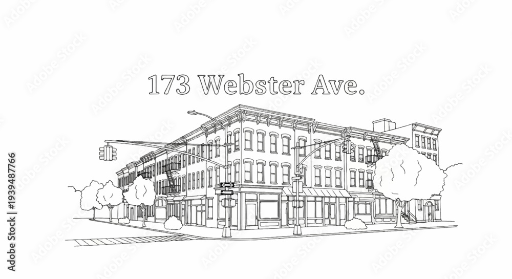 Obraz premium A vintage line drawing depicts a street corner with brick buildings and trees