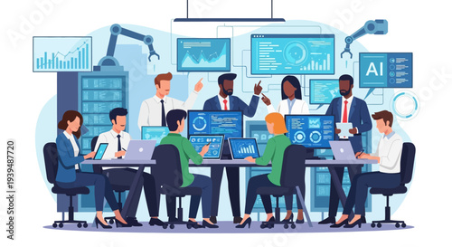 Diverse team analyzing data and AI technology together