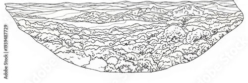 Stylized line art depicts a panoramic mountain landscape with varying elevations and textures