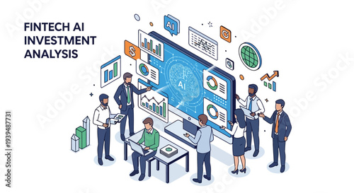 Fintech team analyzing AI investment data on large screen display