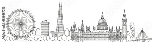 Stylized line drawing of a cityscape featuring iconic landmarks