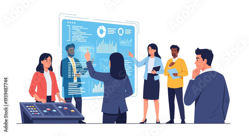 Business team analyzing data on large screen together