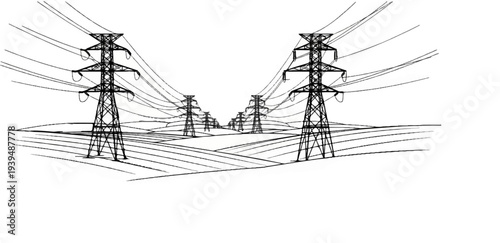 Stylized sketch of multiple power line towers receding into the distance