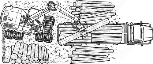Timber grapple machine loading logs onto a flatbed truck