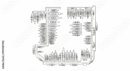 Top-down view of a harbor filled with many boats docked in rows