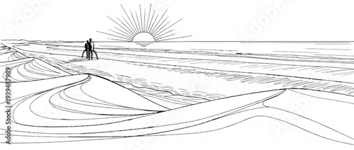 Two figures with a bicycle watch the sun rise over the ocean from sand dunes